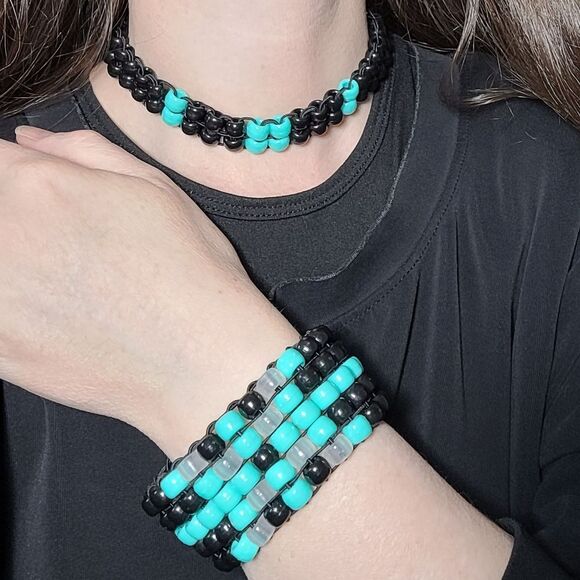 Cuff & Choker Set, Black & Turqoise Glow Kandi Kid Perler Jewelry. - Picture 3 of 5